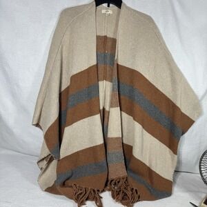 Enro Women's Oversized Striped‎ Fringe Poncho Size S/M Brown Cream Cardigan